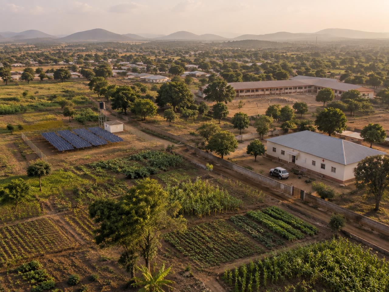 Farmland, solar array, school and clinic near a Ghanaian town